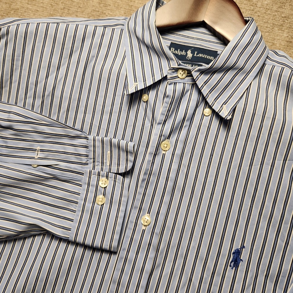 Ralph Lauren Button Down Shirt Mens L Blue White Striped Classic Fit Long Slve